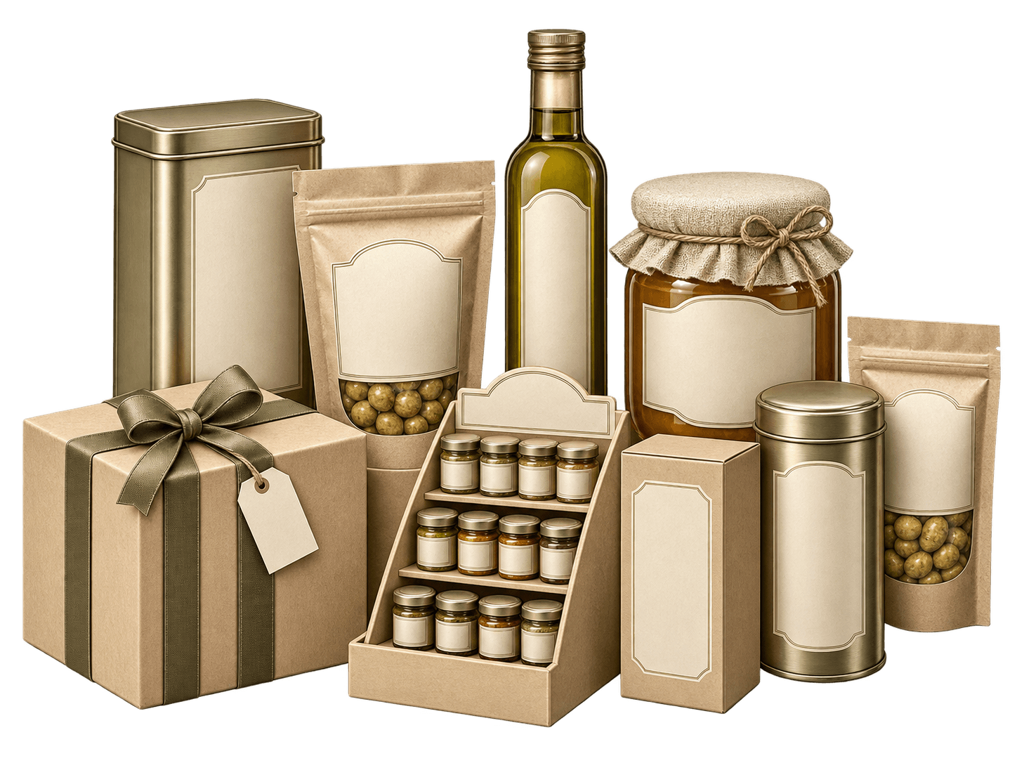 Private label packaging formats: tins, pouches, bottles, jars, boxes, and a retail display